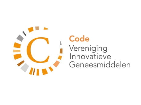 This is the logo of the Code of the Association for Innovative Medicines in the Netherlands which consists of a large C and the text: Code Association for Innovative Medicines in orange and gray colors.