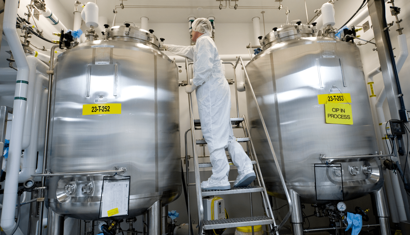 A man looks into a large silver tank, a bioreactor tank, in which cells grow into biological drugs.