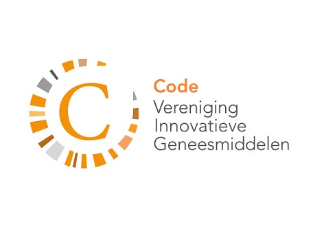 Dit is het logo van de Code van de Vereniging Innovatieve Geneesmiddelen wat bestaat uit een grote C en de tekst: Code Vereniging Innovatieve Geneesmiddelen in oranje en grijze kleuren. 