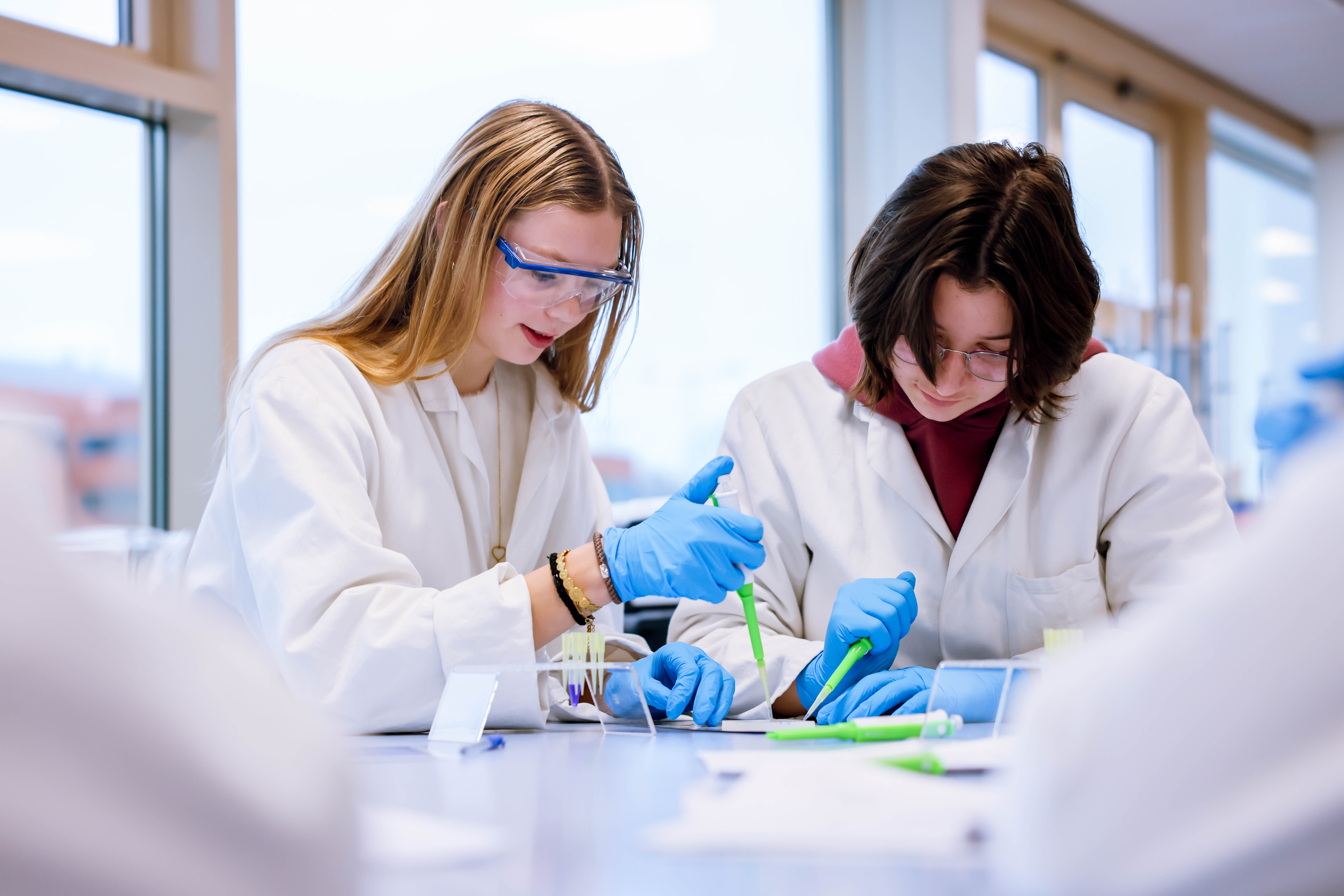 VMBO-leerlingen voeren een DNA-experiment uit in het klaslokaal als onderdeel van de Amgen Biotech Experience.